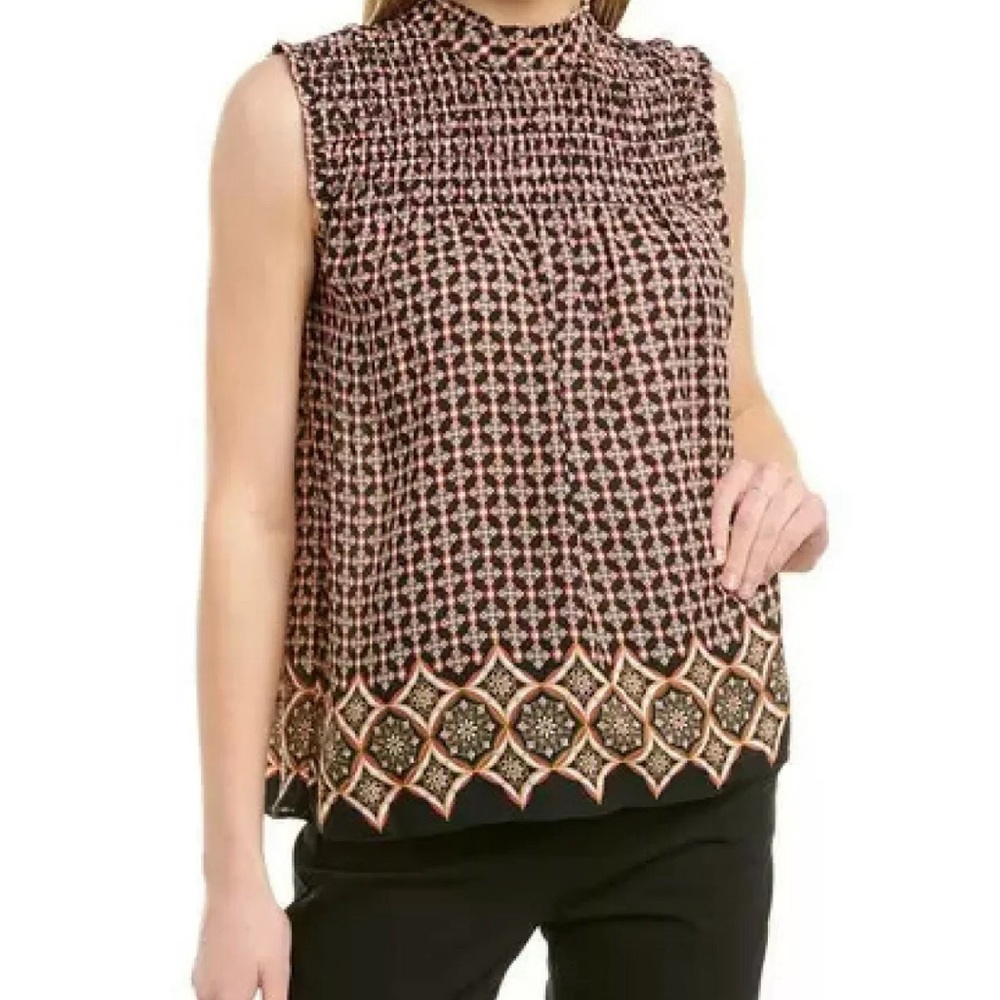 Max Studio Geo- Printed Sleeveless Smocked Blouse Top